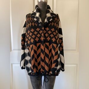 Chunky Geometric Knit Jacket Snap Front Cozy Drawstring Hem One Size